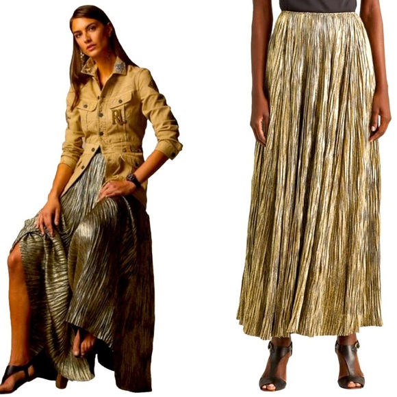 Ralph Lauren Collection Purple Label Metallic Maxi Skirt Pleated Formal Crinkle - Picture 2 of 15